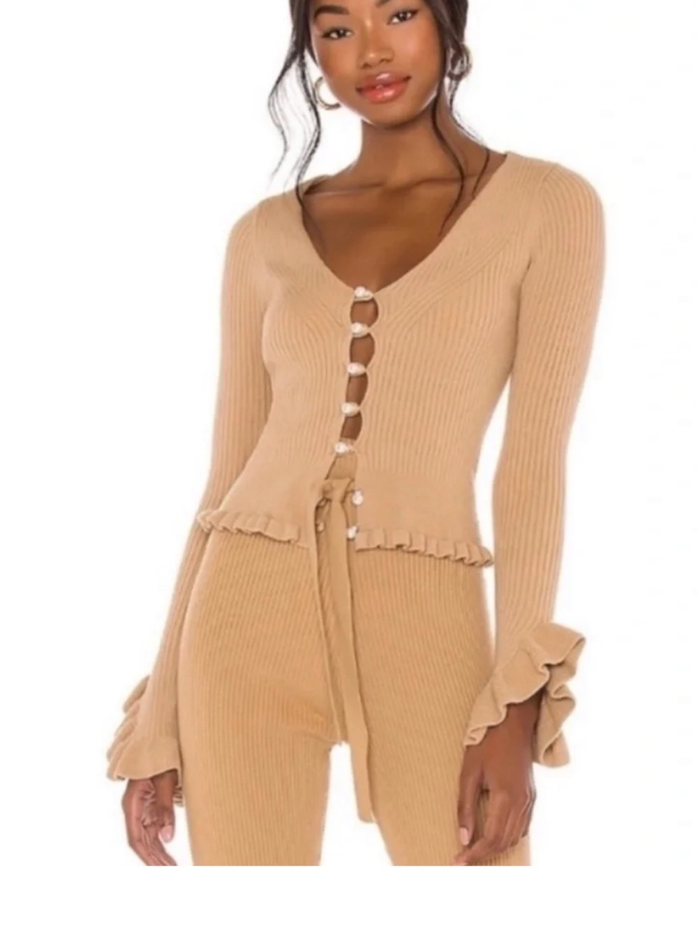 LPA Camel Ribbed V-Neck Button-Front Cardigan with Ruffle Trim xs